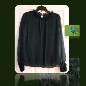 Dark Green-Long Sleeve Blouse - Ruffled Neck